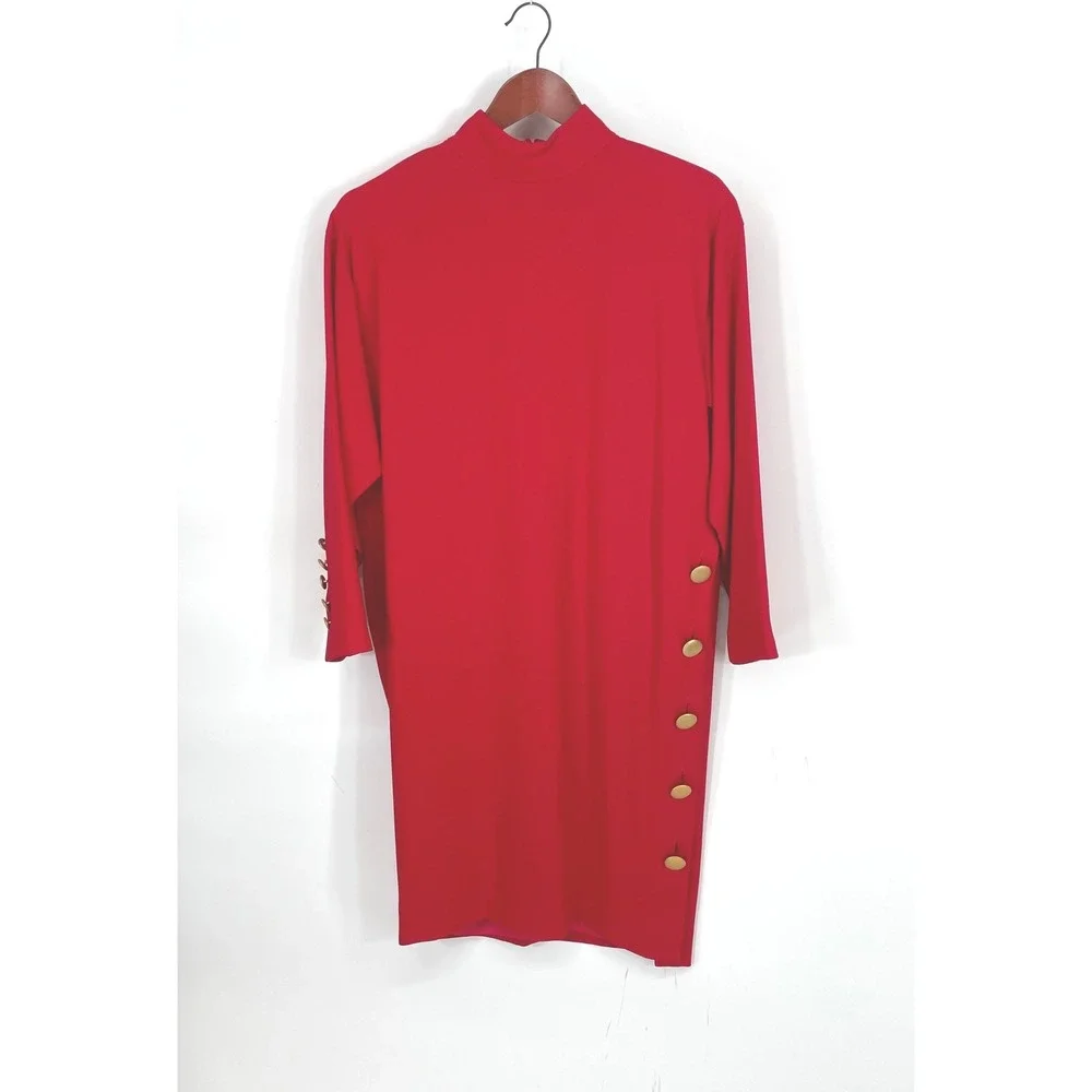Liz Clairborne Womens Dress 6P Shift Red Gold Button Mock Neck Long Sleeve
